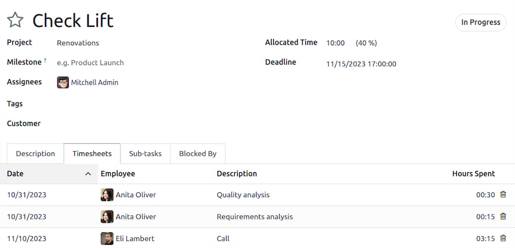 Project tasks timesheets