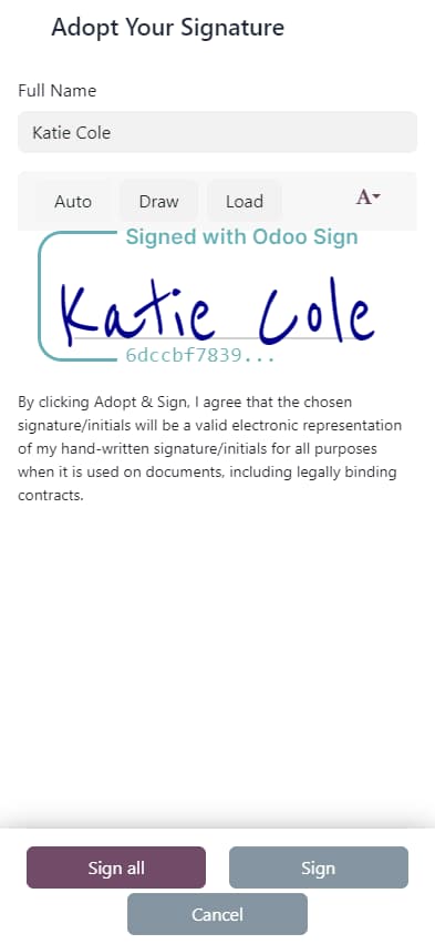Odoo Sign online contract dialog
