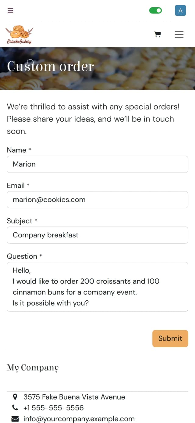 Bakery Custom Order mobile view